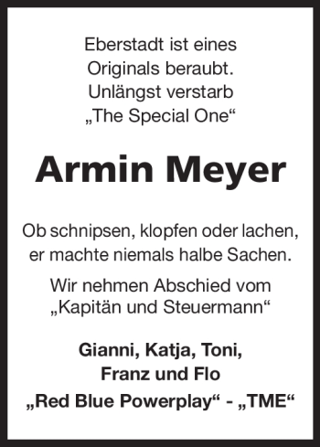 Traueranzeige von Armin Meyer von Echo-Zeitungen (Gesamtausgabe)