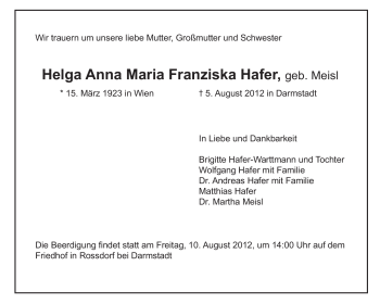 Traueranzeige von Helga Anna Maria Franziska Hafer von Echo-Zeitungen (Gesamtausgabe)
