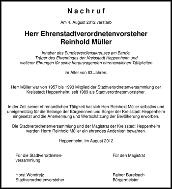 Traueranzeige von Reinhold Müller von Starkenburger Echo