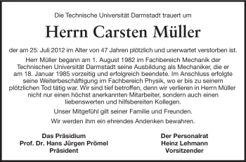 Traueranzeige von Carsten Müller von Echo-Zeitungen (Gesamtausgabe)