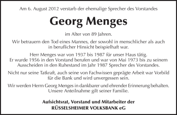 Traueranzeige von Georg Menges von Rüsselsheimer Echo, Groß-Gerauer-Echo, Ried Echo