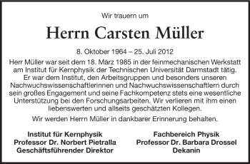 Traueranzeige von Carsten Müller von Echo-Zeitungen (Gesamtausgabe)