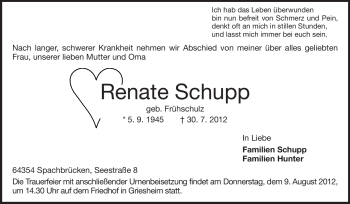 Traueranzeige von Renate Schupp von Echo-Zeitungen (Gesamtausgabe)