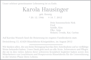 Traueranzeige von Karola Hausinger von Rüsselsheimer Echo, Groß-Gerauer-Echo, Ried Echo