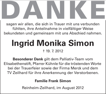 Traueranzeige von Ingrid Monika Simon von Echo-Zeitungen (Gesamtausgabe)