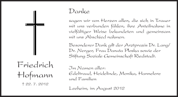 Traueranzeige von Friedrich Hofmann von Rüsselsheimer Echo, Groß-Gerauer-Echo, Ried Echo