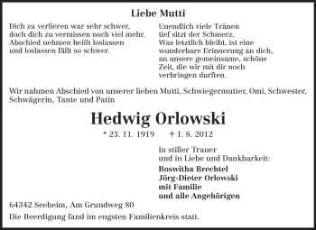 Traueranzeige von Hedwig Orlowski von Echo-Zeitungen (Gesamtausgabe)