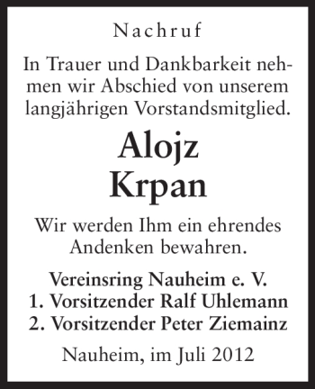Traueranzeige von Alojz Krpan von Rüsselsheimer Echo, Groß-Gerauer-Echo, Ried Echo