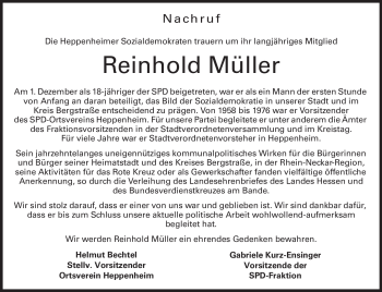 Traueranzeige von Reinhold Müller von Starkenburger Echo
