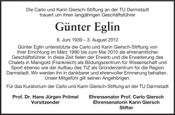 Traueranzeige von Günter Eglin von Echo-Zeitungen (Gesamtausgabe)