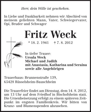Traueranzeige von Fritz Weck von Rüsselsheimer Echo, Groß-Gerauer-Echo, Ried Echo