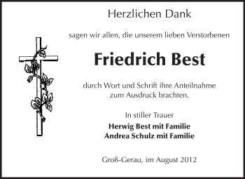 Traueranzeige von Friedrich Best von Rüsselsheimer Echo, Groß-Gerauer-Echo, Ried Echo
