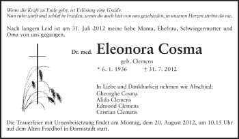 Traueranzeige von Eleonora Cosma von Darmstädter Echo, Odenwälder Echo, Rüsselsheimer Echo, Groß-Gerauer-Echo, Ried Echo