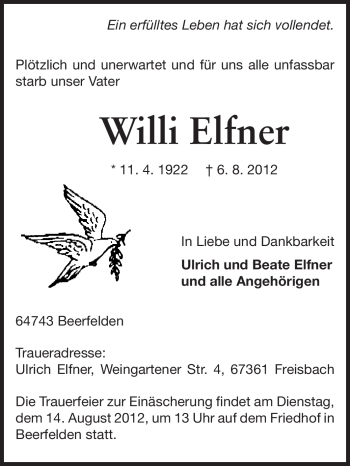 Traueranzeige von Willi Elfner von Odenwälder Echo