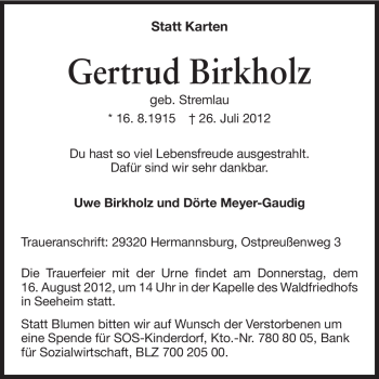 Traueranzeige von Gertrud Birkholz von Echo-Zeitungen (Gesamtausgabe)
