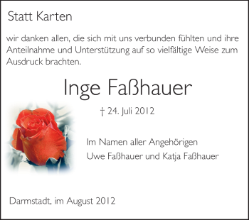 Traueranzeige von Inge Faßhauer von Darmstädter Echo, Odenwälder Echo, Rüsselsheimer Echo, Groß-Gerauer-Echo, Ried Echo