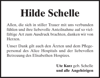 Traueranzeige von Hilde Schelle von Echo-Zeitungen (Gesamtausgabe)