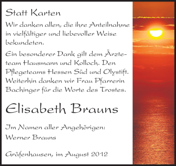 Traueranzeige von Elisabeth Brauns von Echo-Zeitungen (Gesamtausgabe)