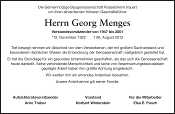 Traueranzeige von Georg Menges von Rüsselsheimer Echo, Groß-Gerauer-Echo, Ried Echo