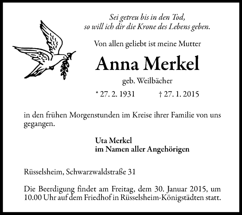  Traueranzeige für Anna Merkel vom 29.01.2015 aus Rüsselsheimer Echo, Groß-Gerauer-Echo, Ried Echo