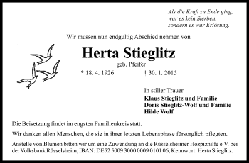 Traueranzeige von Herta Stieglitz von Rüsselsheimer Echo, Groß-Gerauer-Echo, Ried Echo