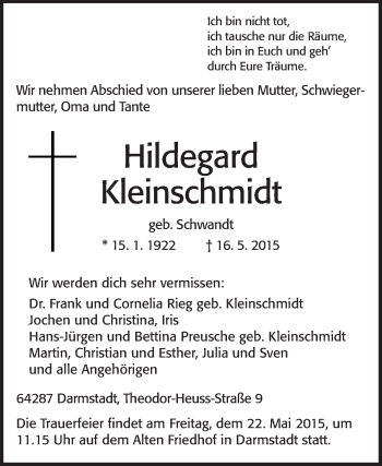 Traueranzeige von Hildegard Kleinschmidt von Echo-Zeitungen (Gesamtausgabe)