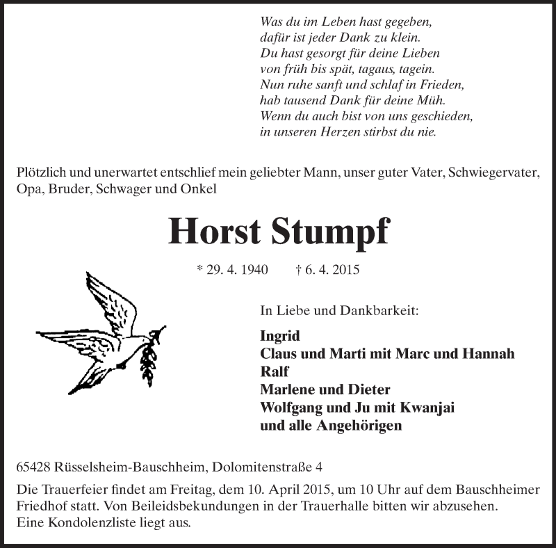  Traueranzeige für Horst Stumpf vom 08.04.2015 aus Rüsselsheimer Echo, Groß-Gerauer-Echo, Ried Echo