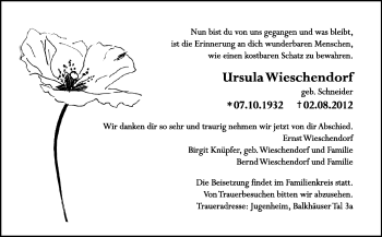 Traueranzeige von Ursula Wieschendorf von Echo-Zeitungen (Gesamtausgabe)