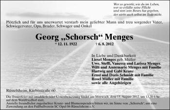 Traueranzeige von Georg Menges von Rüsselsheimer Echo, Groß-Gerauer-Echo, Ried Echo