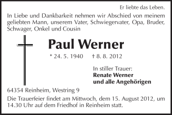 Traueranzeige von Paul Werner von Darmstädter Echo, Odenwälder Echo, Rüsselsheimer Echo, Groß-Gerauer-Echo, Ried Echo
