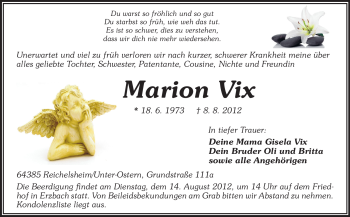 Traueranzeige von Marion Vix von Odenwälder Echo