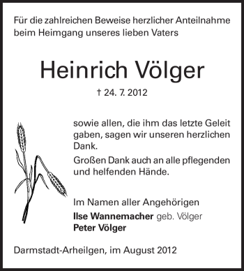 Traueranzeige von Heinrich Völger von Echo-Zeitungen (Gesamtausgabe)