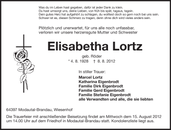 Traueranzeige von Elisabetha Lortz von Echo-Zeitungen (Gesamtausgabe)