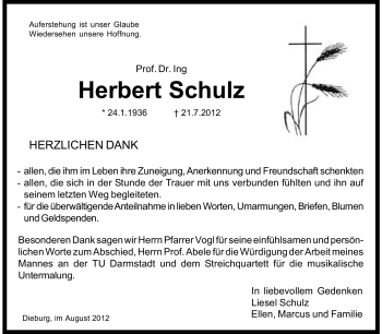 Traueranzeige von Herbert Schulz von Echo-Zeitungen (Gesamtausgabe)
