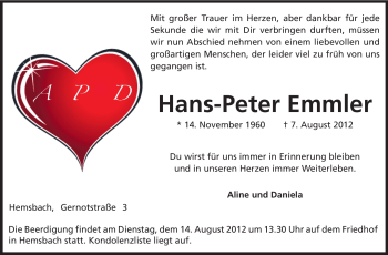 Traueranzeige von Hans-Peter Emmler von Starkenburger Echo