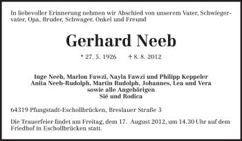 Traueranzeige von Gerhard Neeb von Echo-Zeitungen (Gesamtausgabe)