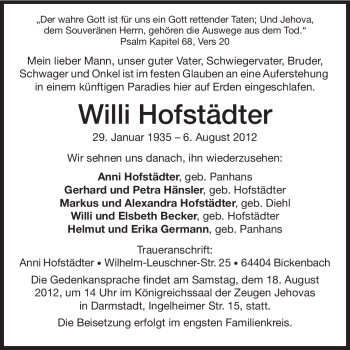 Traueranzeige von Willi Hofstädter von Echo-Zeitungen (Gesamtausgabe)