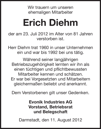 Traueranzeige von Erich Diehm von Echo-Zeitungen (Gesamtausgabe)