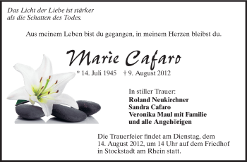 Traueranzeige von Marie Cafaro von Rüsselsheimer Echo, Groß-Gerauer-Echo, Ried Echo