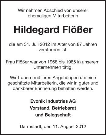 Traueranzeige von Hildegard Flößer von Echo-Zeitungen (Gesamtausgabe)