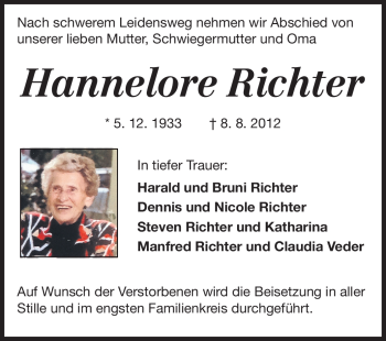 Traueranzeige von Hannelore Richter von Echo-Zeitungen (Gesamtausgabe)