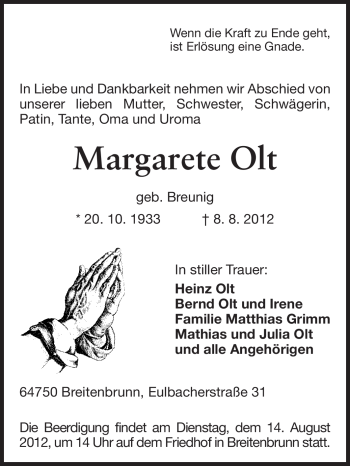 Traueranzeige von Margarete Olt von Odenwälder Echo