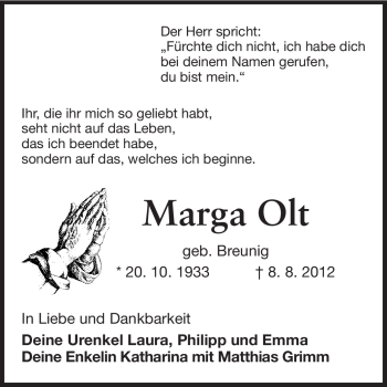 Traueranzeige von Margarete Olt von Odenwälder Echo