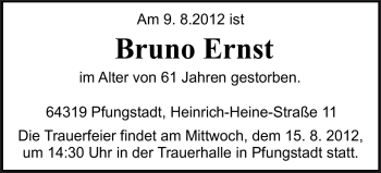Traueranzeige von Bruno Ernst von Echo-Zeitungen (Gesamtausgabe)