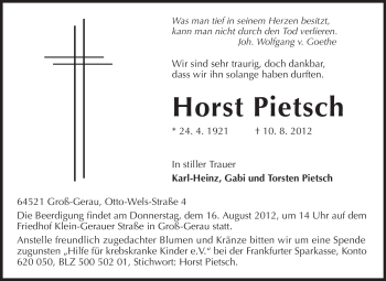 Traueranzeige von Horst Pietsch von Rüsselsheimer Echo, Groß-Gerauer-Echo, Ried Echo