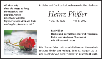 Traueranzeige von Heinz Plößer von Rüsselsheimer Echo, Groß-Gerauer-Echo, Ried Echo