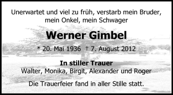 Traueranzeige von Werner Gimbel von Echo-Zeitungen (Gesamtausgabe)