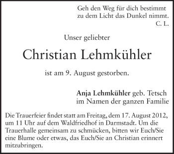 Traueranzeige von Christian Lehmkühler von Darmstädter Echo, Odenwälder Echo, Rüsselsheimer Echo, Groß-Gerauer-Echo, Ried Echo