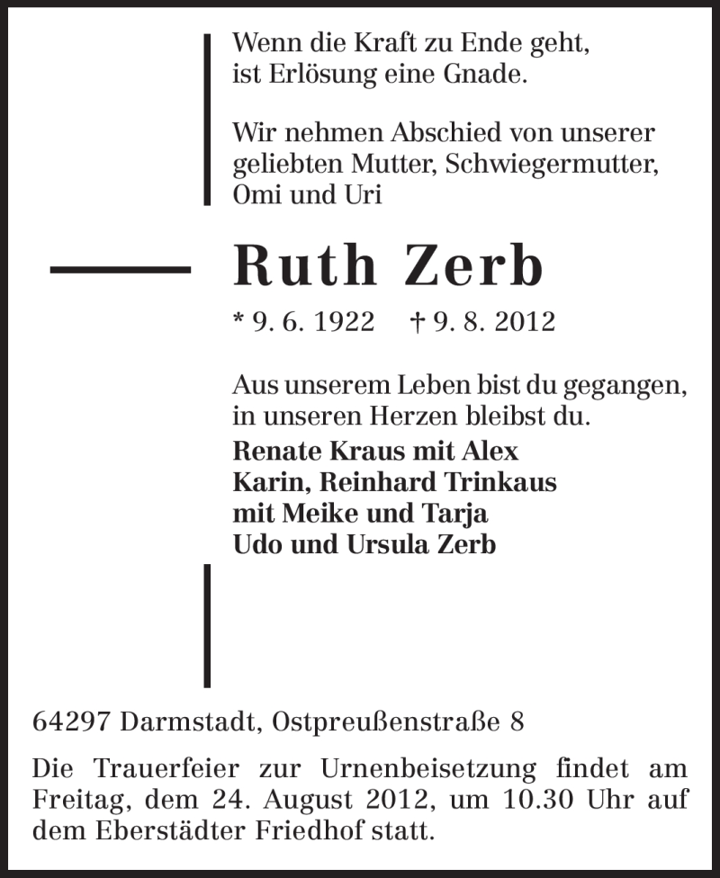  Traueranzeige für Ruth Zerb vom 18.08.2012 aus Echo-Zeitungen (Gesamtausgabe)