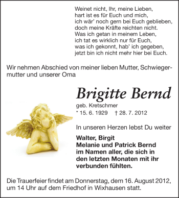Traueranzeige von Brigitte Bernd von Echo-Zeitungen (Gesamtausgabe)